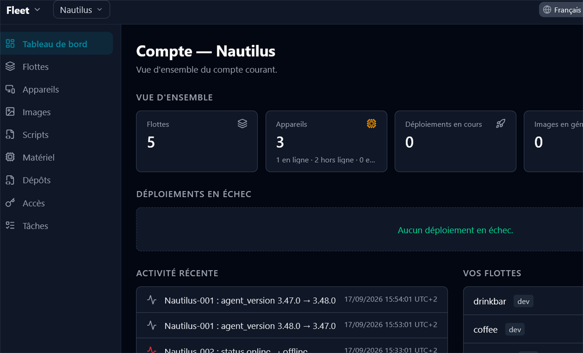 Tableau de bord Fleet : vue d'ensemble du compte Nautilus avec flottes, appareils, déploiements et activité récente