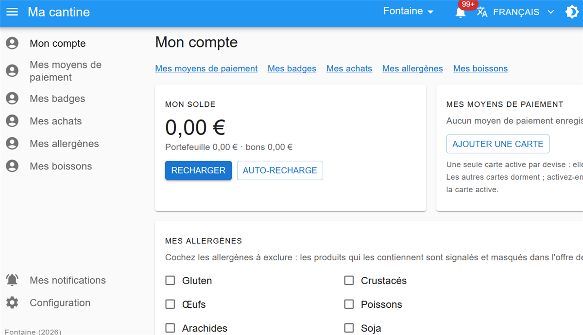 Interface Octopoda : page Mon compte avec solde, moyens de paiement et gestion des allergènes